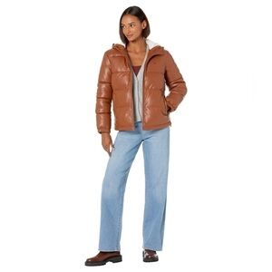 LEVI'S Faux Leather Puffer Jacket Sz XL Camel Brown